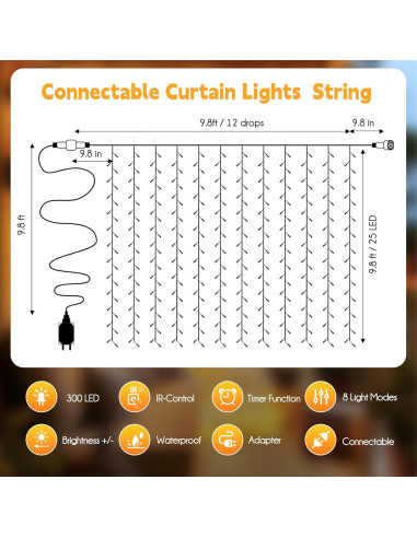 Luces de Cortina LED Brightown 300 LEDs 3m Blanco Cálido
