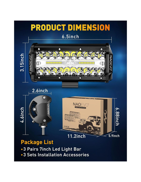 Barra de Luz LED NAOEVO 17.78cm 720W 72000LM Impermeable