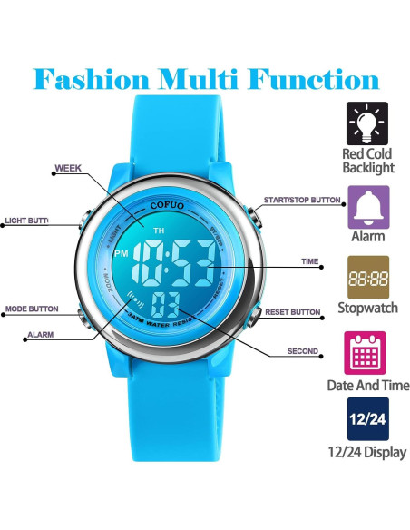 Reloj Deportivo Digital Cofuo Azul para Niños Impermeable Reloj Deportivo Digital Cofuo Azul para Niños Impermeable