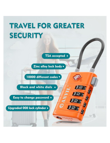 Candado de Maleta TSA ANVIL 4 Dígitos Naranja - Seguridad Avanzada