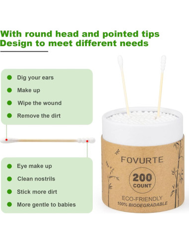 Hisopos de Algodón de Bambú FOVURTE 400 Piezas Orgánicos