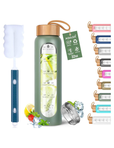 Botella de Agua de Vidrio Aqulea 32 Oz Verde con Infusor