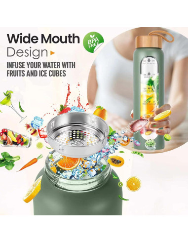 Botella de Agua de Vidrio Aqulea 32 Oz Verde con Infusor