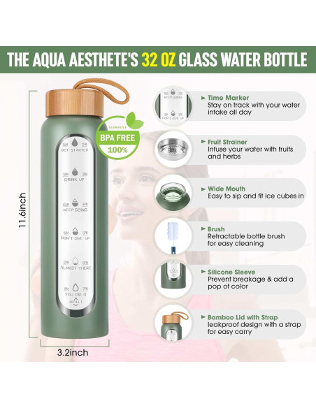 Botella de Agua de Vidrio Aqulea 32 Oz Verde con Infusor