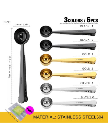 Paquete de 6 cucharas medidoras de acero inoxidable con clip