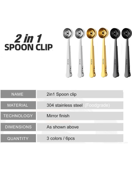 Paquete de 6 cucharas medidoras de acero inoxidable con clip
