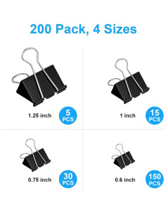 200 Clips de Carpeta KKEETUR Metal Negros 4 Tamaños Suministros 2