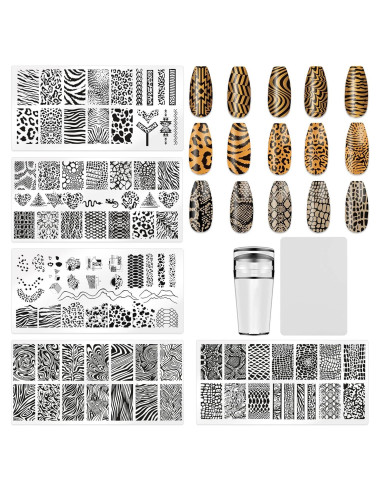 Juego de Sellos de Uñas HYWWPFLAY - 5 Placas Estampado Leopardo
