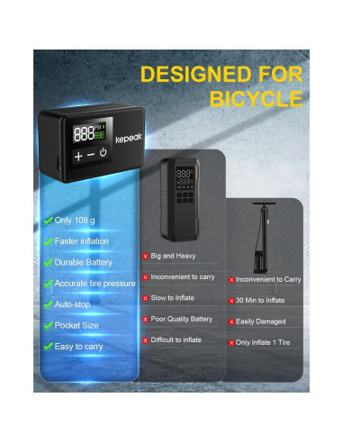 Bomba de Bicicleta KEPEAK BL01 Portátil con Manómetro Digital