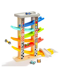 Pista de Carreras de Madera TOP BRIGHT con 6 Coches y Garaje