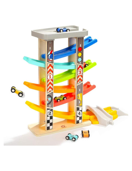 Pista de Carreras de Madera TOP BRIGHT con 6 Coches y Garaje