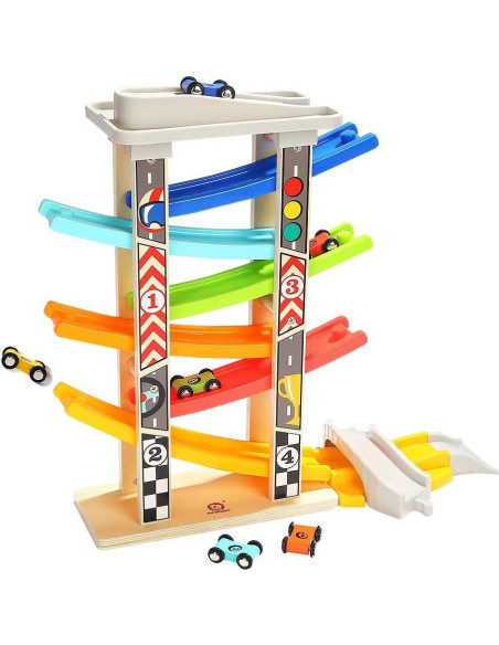 Pista de Carreras de Madera TOP BRIGHT con 6 Coches y Garaje