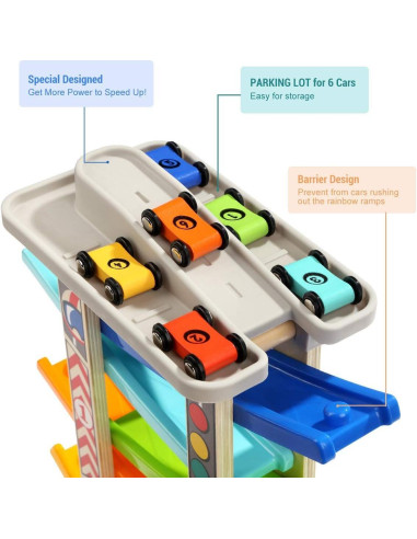 Pista de Carreras de Madera TOP BRIGHT con 6 Coches y Garaje