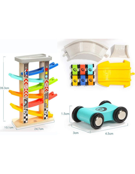 Pista de Carreras de Madera TOP BRIGHT con 6 Coches y Garaje