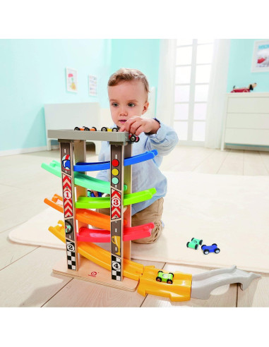 Pista de Carreras de Madera TOP BRIGHT con 6 Coches y Garaje