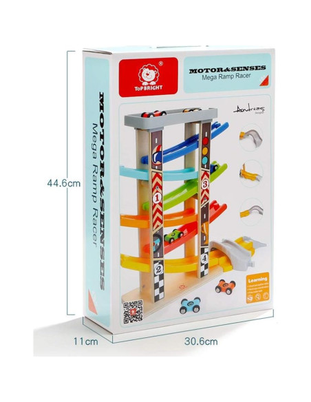 Pista de Carreras de Madera TOP BRIGHT con 6 Coches y Garaje