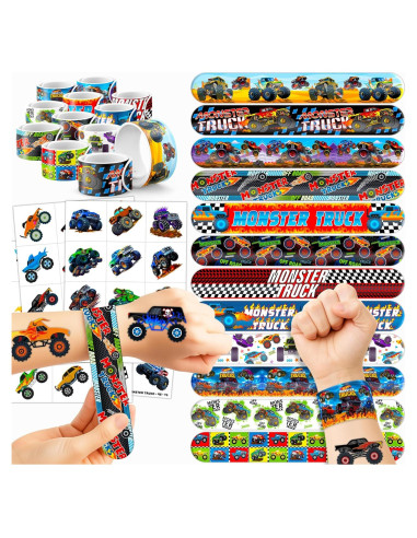 Set Fiesta Camiones Monstruo 72PCS - 48 Tatuajes + 24 Pulseras