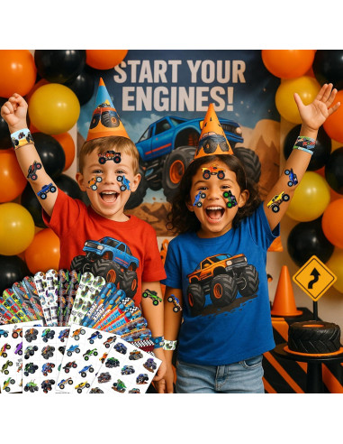Set Fiesta Camiones Monstruo 72PCS - 48 Tatuajes + 24 Pulseras