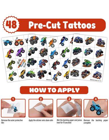 Set Fiesta Camiones Monstruo 72PCS - 48 Tatuajes + 24 Pulseras