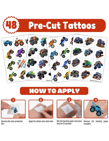 Set Fiesta Camiones Monstruo 72PCS - 48 Tatuajes + 24 Pulseras Set Fiesta Camiones Monstruo 72PCS - 48 Tatuajes + 24 Pulseras