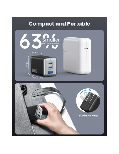 Cargador USB C 128W Dongguan Plegable 3 Puertos Rápido