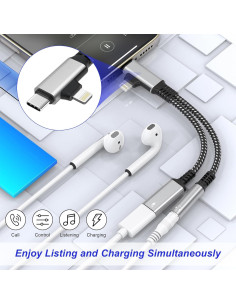 Adaptador Lightning y USB-C a 3.5mm Ardaddyn con carga 60W 2