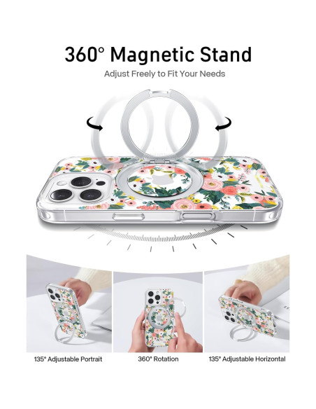 Funda para iPhone 16 Pro FEWGEY Floral Rosa con Soporte 360 Funda para iPhone 16 Pro FEWGEY Floral Rosa con Soporte 360