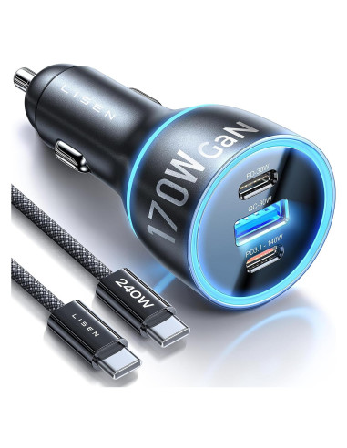 Cargador de coche LISEN 170W USB-C carga rápida para iPhone 16