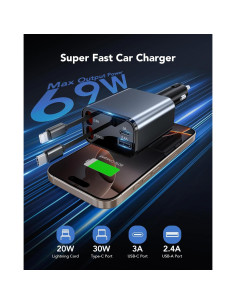 Cargador de coche retráctil 69W CSODINCE 4 en 1 USB C/A 2