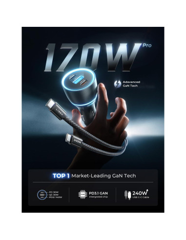 Cargador de coche LISEN 170W USB-C carga rápida para iPhone 16