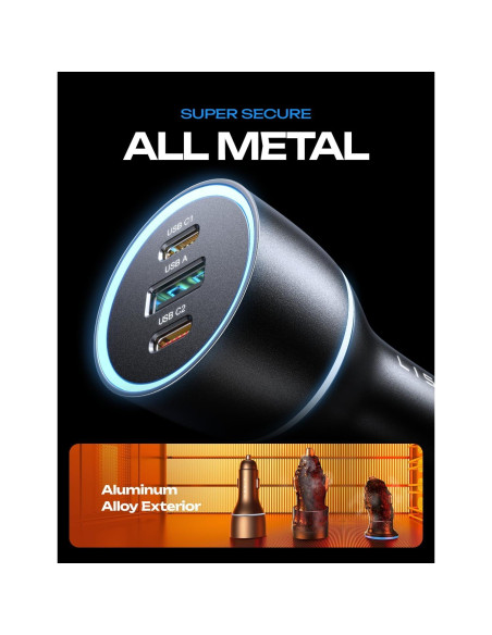 Cargador de coche LISEN 170W USB-C carga rápida para iPhone 16