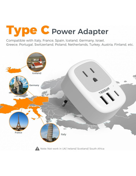 Adaptador de Enchufe de Viaje TESSAN Tipo C con 3 USB Adaptador de Enchufe de Viaje TESSAN Tipo C con 3 USB