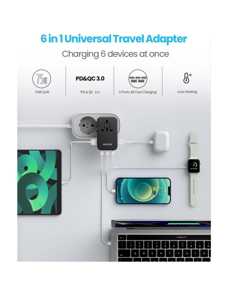 Adaptador de Viaje Universal VINTAR 75W con 5 Puertos USB