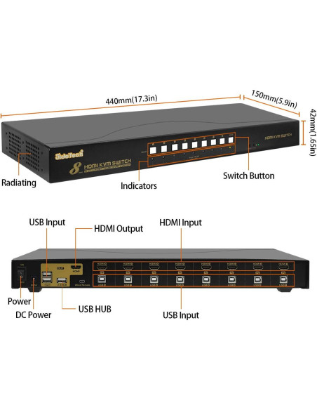 Interruptor KVM JideTech 8 Puertos HDMI 4K 30Hz USB 2.0