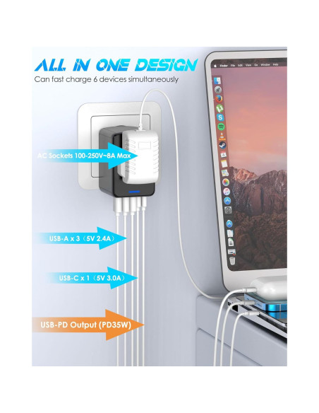 Adaptador de Viaje Universal URJD 35W Carga Rápida 6 Puertos