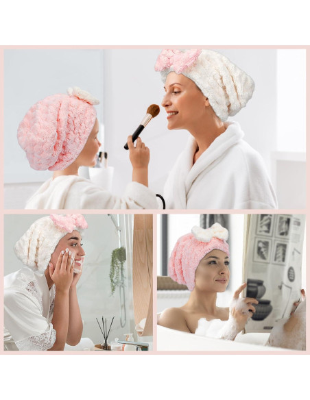 Toallas de Secado de Cabello Microfibra Arqumi - 2 Piezas Rosa y Blanco