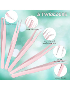 Pinzas para Extensiones de Pestañas Chumia 5 Pcs Acero Inoxidable 2