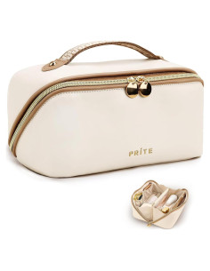 Bolsa de Maquillaje Prite Mediana Beige Impermeable de Cuero Vegano