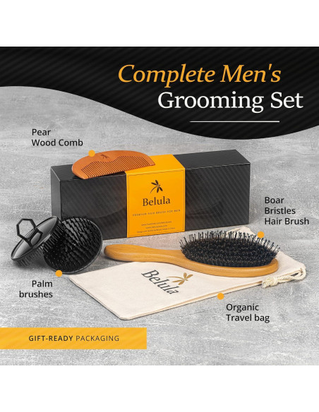 Juego de Cepillos para Cabello Masculino Belula - Cerda de Jabalí y Peine de Madera
