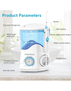 Irrigador Dental TUREWELL 600ML 8 Puntas 10 Niveles Presión Blanco 2