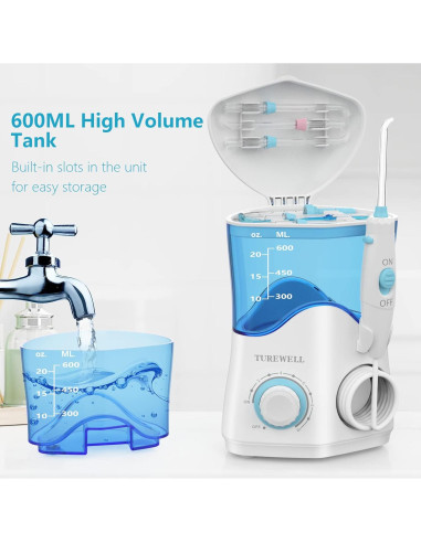 Irrigador Dental TUREWELL 600ML 8 Puntas 10 Niveles Presión Blanco