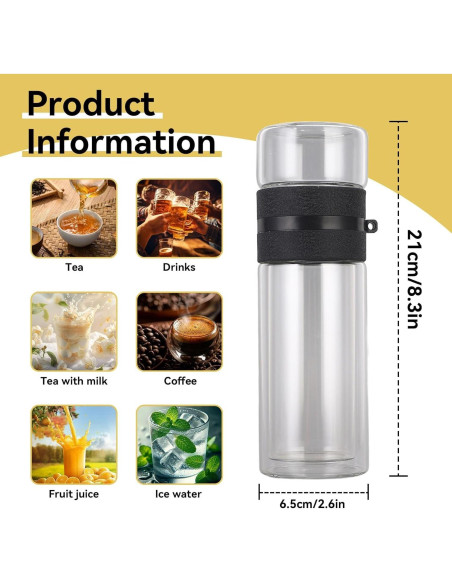 Botella Infusora de Té Cyrank 500ml Doble Pared Vidrio