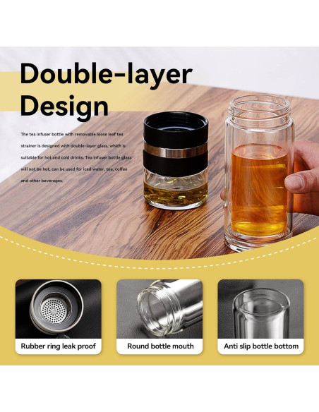 Botella Infusora de Té Cyrank 500ml Doble Pared Vidrio