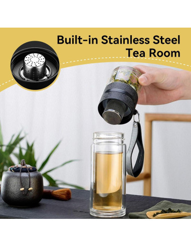 Botella Infusora de Té Cyrank 500ml Doble Pared Vidrio