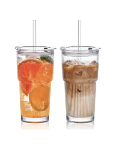 Vasos de vidrio 591ml SoulTimes con tapas y popotes - Set de 2