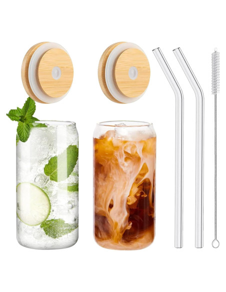 Set de 2 Vasos de Vidrio 16 oz con Tapa de Bambú y Popote WISIMMALL