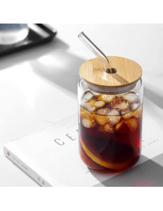 Set de 2 Vasos de Vidrio 16 oz con Tapa de Bambú y Popote WISIMMALL 2