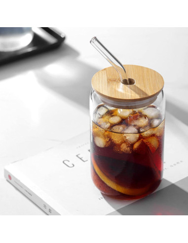 Set de 2 Vasos de Vidrio 16 oz con Tapa de Bambú y Popote WISIMMALL