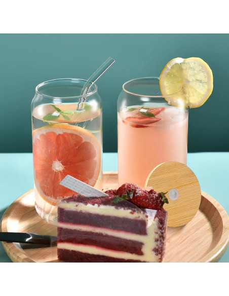 Set de 2 Vasos de Vidrio 16 oz con Tapa de Bambú y Popote WISIMMALL