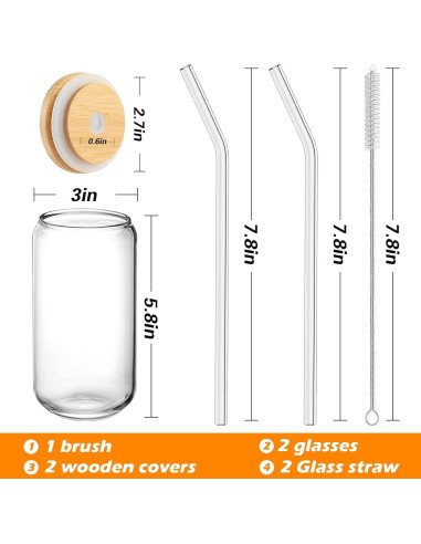 Set de 2 Vasos de Vidrio 16 oz con Tapa de Bambú y Popote WISIMMALL